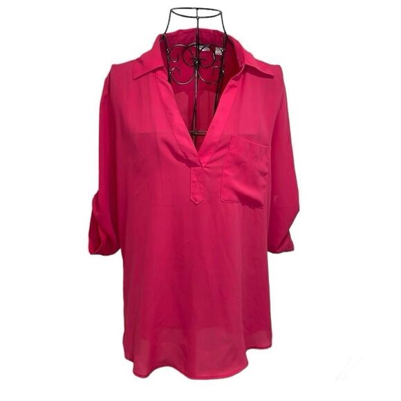 New York & Company v-neck roll up sleeve blouse | pink | size S - Picture 1 of 9